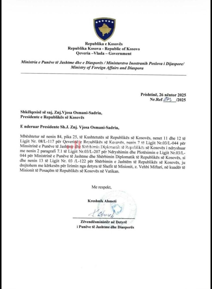 Qeveria kërkon nga Vjosa Osmani shkarkimin e Vehbi Miftarit nga posti në Vatikan   ish këshilltarit të Presidentes i ngarkohen shkelje të rënda