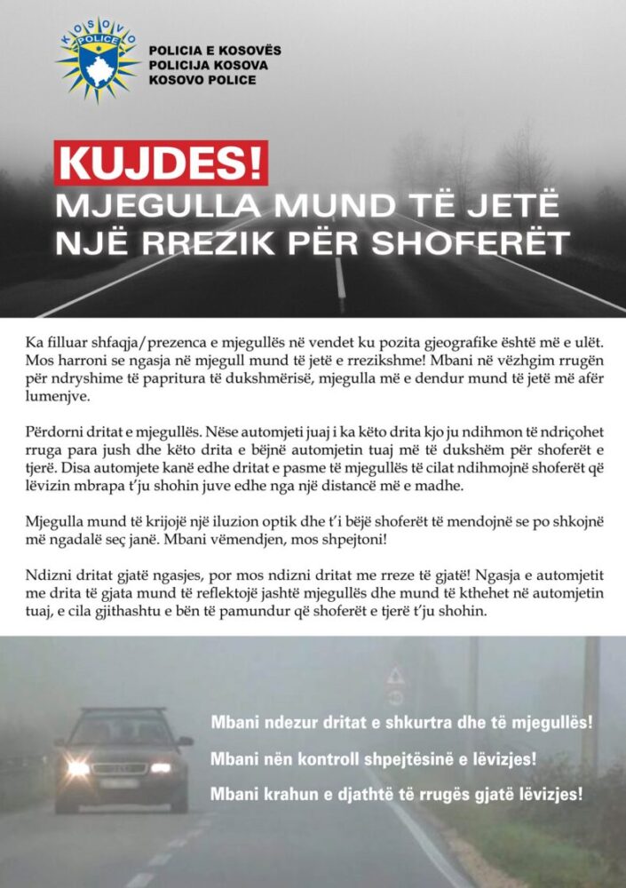 Policia e Kosovës apelon për kujdes  Mjegulla paraqet rrezik për shoferët