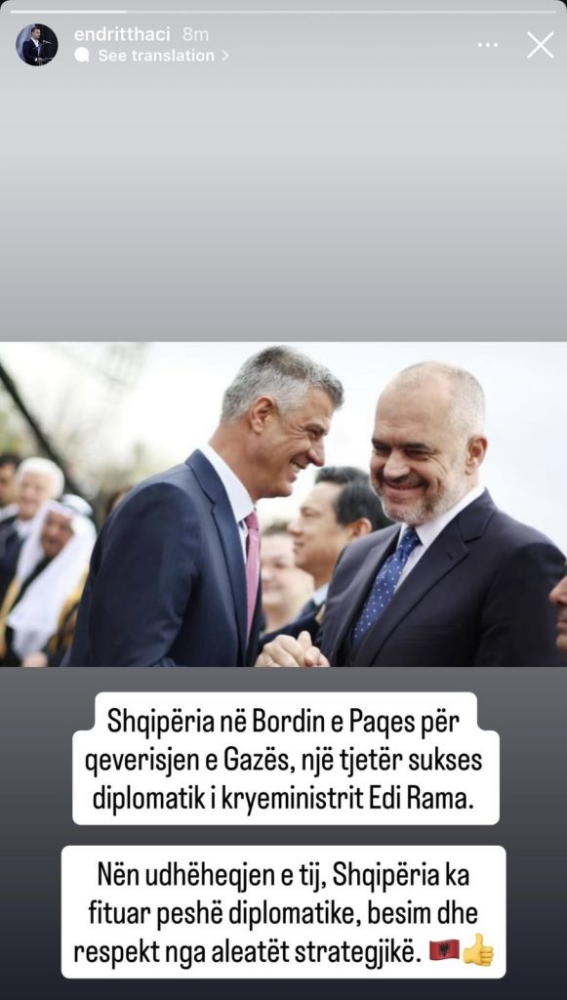 Endrit Thaçi  Shqipëria në Bordin e Paqes për Gazën  sukses diplomatik i kryeministrit Rama