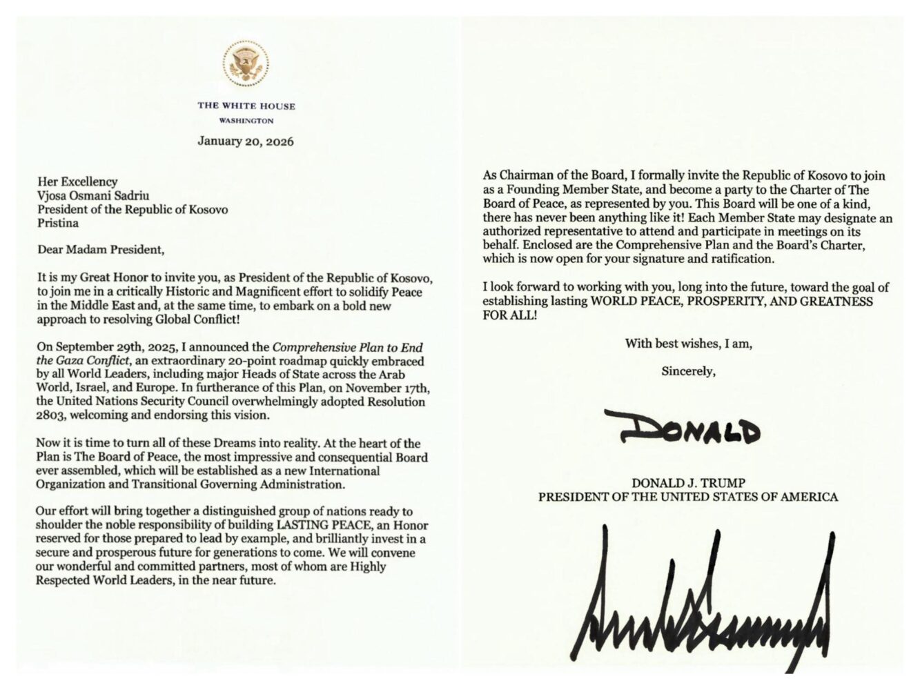 Presidenti amerikan Trump e fton Presidenten Osmanin në Bordin e Paqes