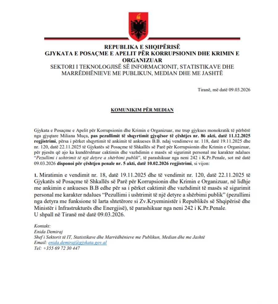 Apeli rrëzon Belinda Ballukun  lë në fuqi pezullimin nga detyra