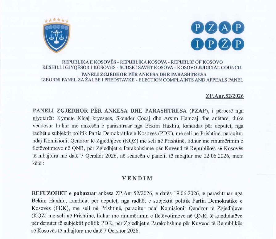 PZAP refuzon ankesat e Haxhiut dhe Kryeziut për rinumërim të plotë të votave të PDK së
