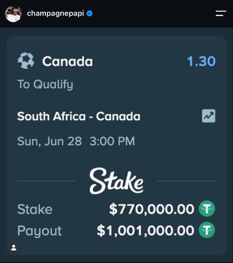 Basti i Drake s  Rrezikon 700 mijë dollarë për fitoren e Kanadasë ndaj Afrikës së Jugut