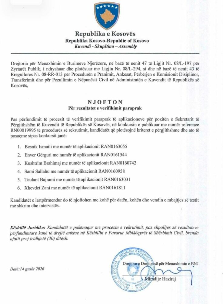 Këta janë 6 kandidatët që kaluan verifikimin për Sekretar të Përgjithshëm të Kuvendit