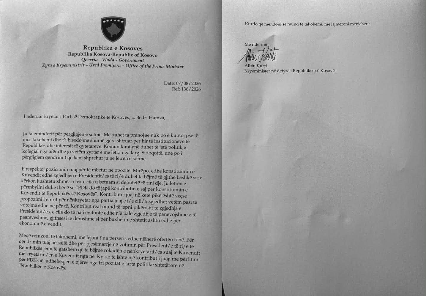 Kurti i shkruan Hamzës  ia ofron PDK pozitën e Kryeparlamentarit