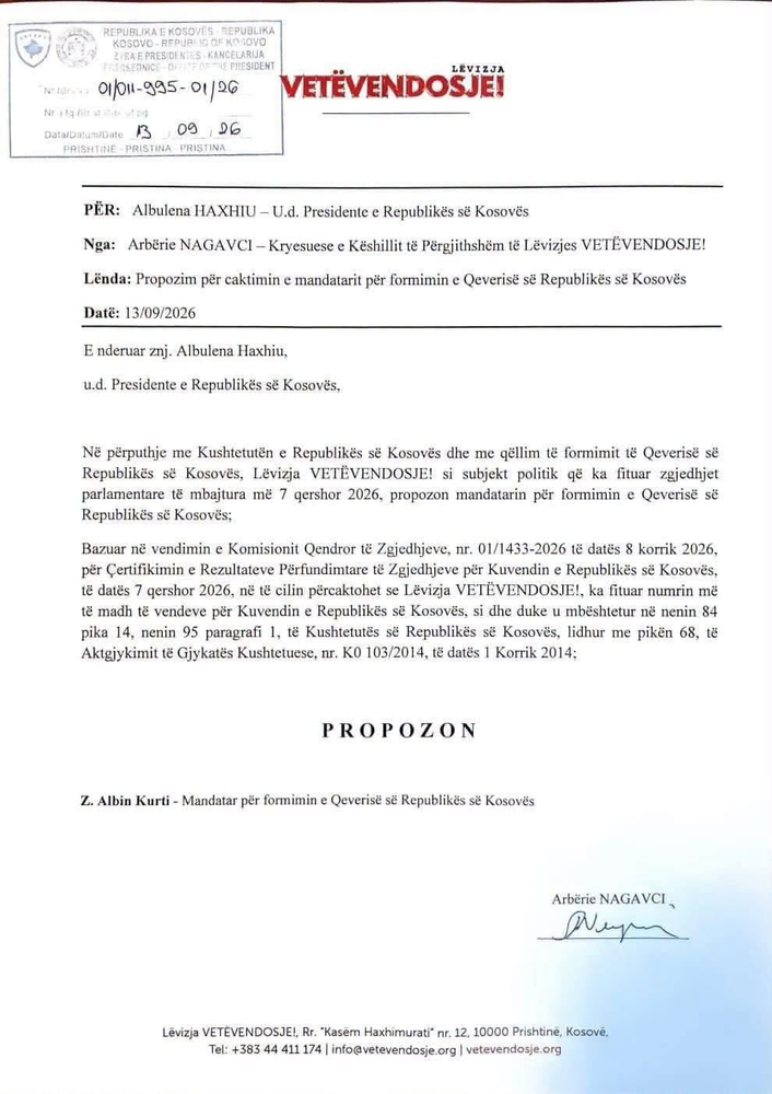 Vetëvendosje e propozon Albin Kurtin mandatar për formimin e Qeverisë