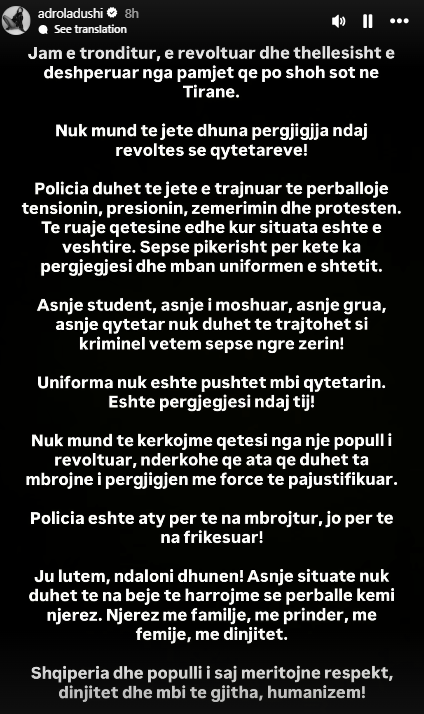 Adrola Dushi reagon pas protestave të dhunshme në Shqipëri  Jam e tronditur dhe e dëshpëruar